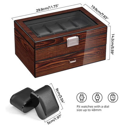 BEWISHOME High-End Watch Box, 20-Slot Watch Case with Large Glass Lid, Wooden Watch Cases for Men, Watch Storage, Watch Organizer, Synthetic Leather Interior, For Father's Day Brown SSH04Y