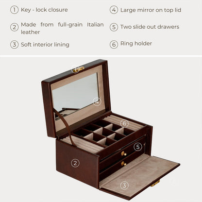 Time Resistance Jewelry Box - Full Grain Leather Jewellery Organizer - Accessories Storage - Key Lock Box for Women (Brown)