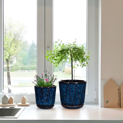 Oairse Ceramic Pots for Plants, 8+6 inch Plant Pots with Drainages Holes & Saucers Large Blue Ceramic Planters Decorative Flower Pot for Indoor Plants Outdoor Inoor