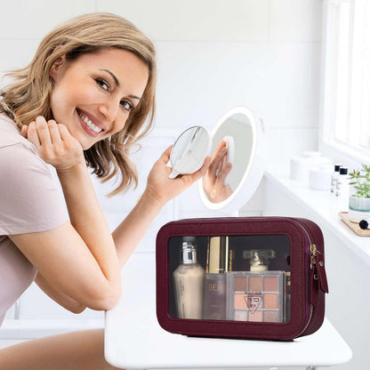 LOFOWN Clear Makeup Bag Small Cosmetic & Toiletry Bag Waterproof Travel Case Women's Pouch Organizer Makeup Bag for Car with Zipper (Burgundy, Small)