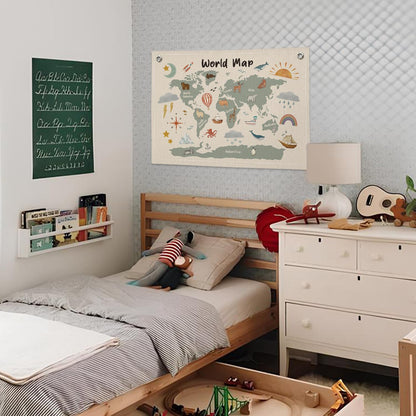 Wheatwin World Maps for Wall, Kids World Map Banner, Cute Animal World Map Educational Tapestry Wall Hanging Banner Flag Decor for Kids Room Classroom Playroom