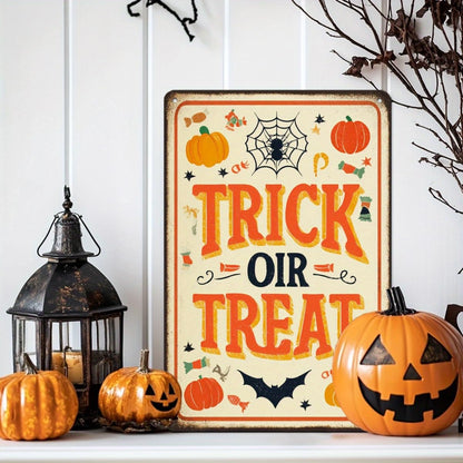 Trick or Treat Halloween Pumpkin Spider Web Candy Retro Metal Tin Sign Wall Art Decor for Front Door Home Halloween Party Indoor Outdoor 8x12 Inch