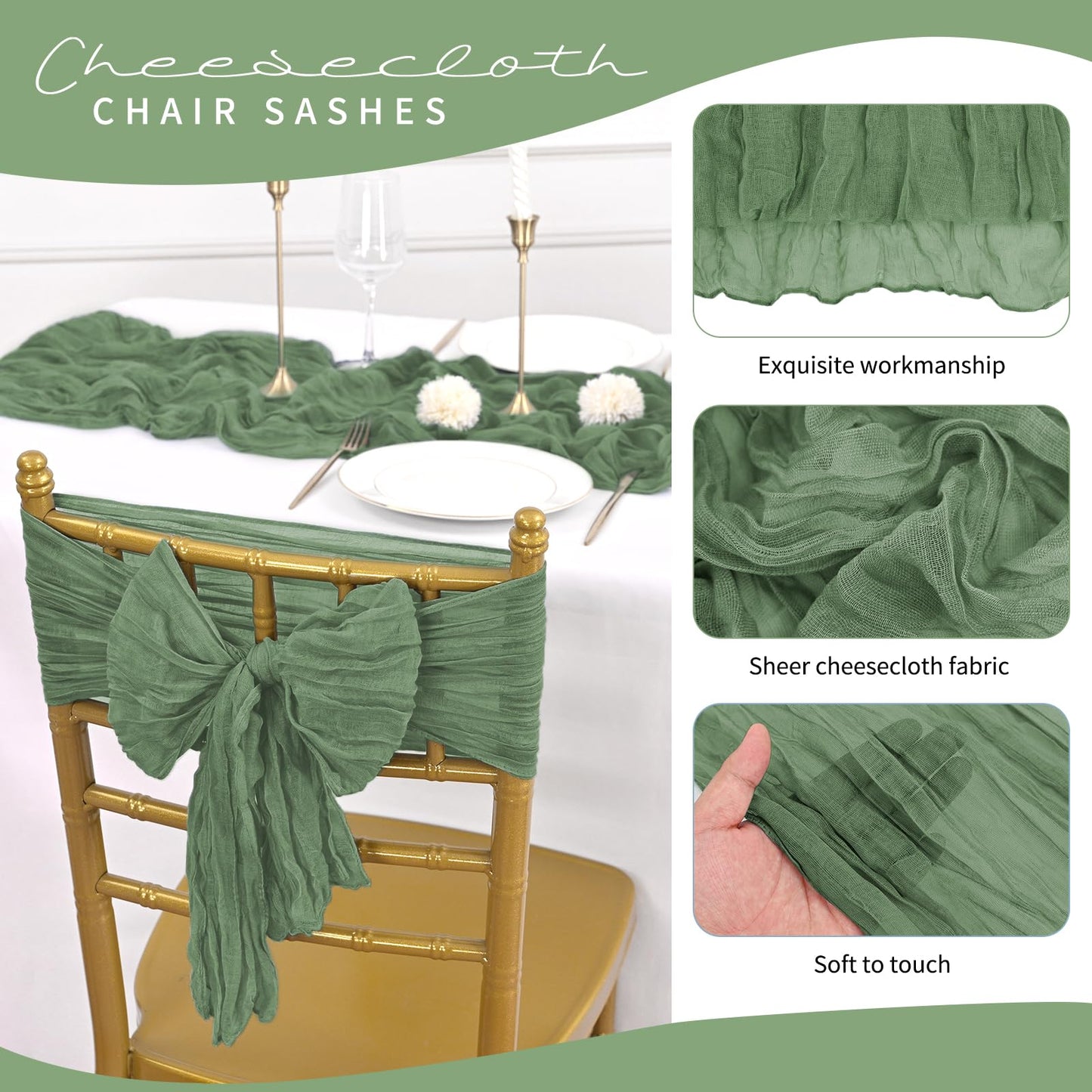 HNPSTBNO 50 PCS Cheesecloth Chair Sashes, Bows Designed ChairSashes, 15.7x70 inch Chair Sashes for Aisle Decorations Universal Chairs Cover Decoration for Wedding Reception Party Banquet (Sage Green)