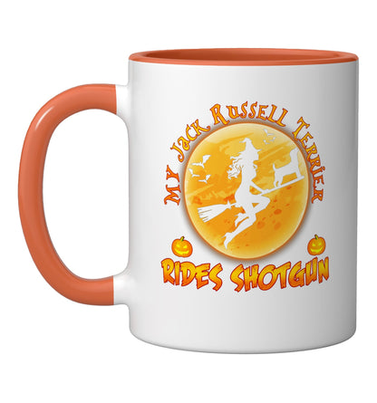 My Jack Russell Terrier Rides Shotgun Dog Halloween Costume Ceramic Mug, Orange/White