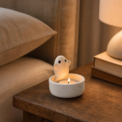Auxillerron Ceramic Ghost Tealight Candle Holder, Cute Spooky Room Decor for Desk and Nightstand, Kawaii Witchy Aesthetic Small Votive Stand