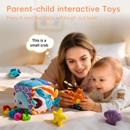 SAIMAND Baby Toys 6-12 Months–Mystery Soft Box with 5 Plush Marine Animals,Rattle,Crinkle Paper & Mirror–Montessori Sensory Toys for 6 Month Old Babies 1-3 Year Old Boy Girl Birthday