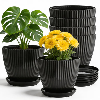 RooTrimmer 7.5 Inch Black Thickened Plastic Plant Pots with Saucers, 6-Pack Modern Seedling Planters for Indoor Outdoor Plants, Durable Heavy-Duty PP Material for Herbs Flowers Vegetables (＜8 inch)