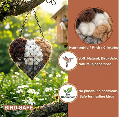 Handmade Alpaca Fiber Bird Nesting Heart with 2 Refill Bags, Reusable Nesting Material Accessory for Wild Birds, Outdoor Garden Decoration, Gift for Bird & Nature Lovers (1 Sets)