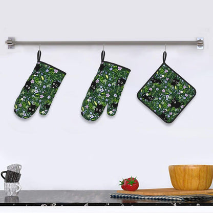 Spring Funny Black Cat Hot Pads and Oven Mitts Heat Resistant,Green Oven Gloves Pot Holders Set for Cooking Baking Grilling BBQ,Cute Cat Lover & Baking Gifts for Women