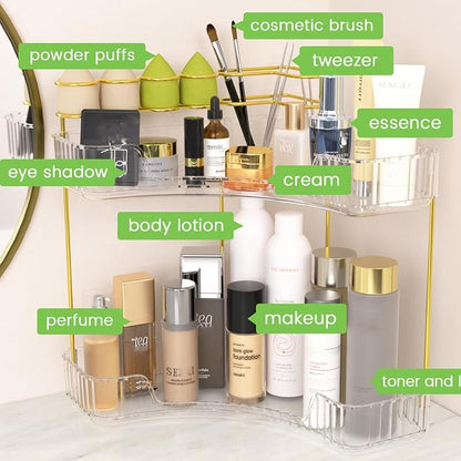 NATURE'S SOURCE Makeup Organizer for Vanity, 2-Tier Corner Bathroom Organizer Countertop with Makeup Brush Holder, Corner Counter Storage for Bathroom Dresser-Clear