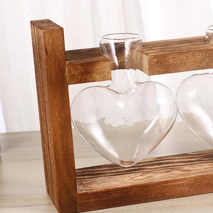 EPIGEIST 2Pcs Heart Shape Glass Vases Hydroponics Planter with Retro Wooden Rack Heat Resistant Transparent Glass Container for Flower Arrangement and Plant Propagation Decorative Terrarium