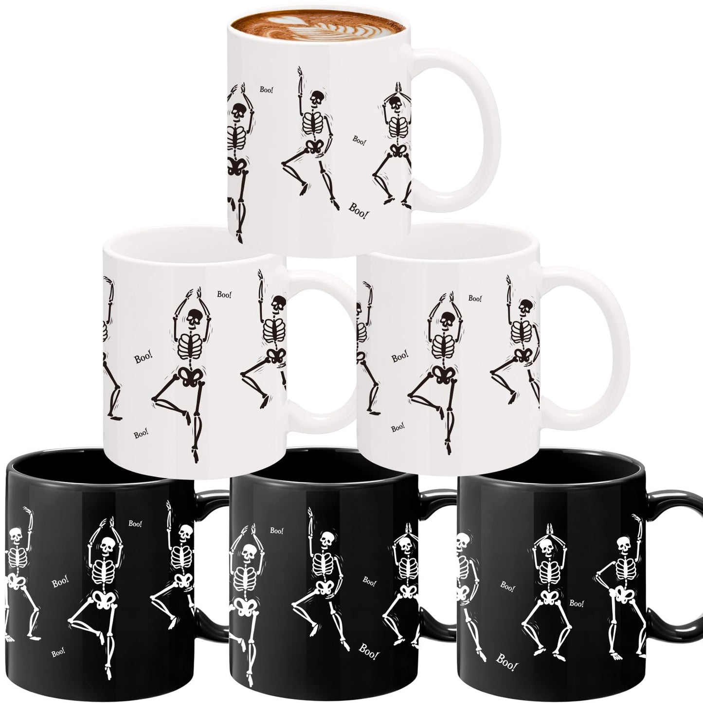 Sliner 6 Pcs Halloween Mugs Bulk 11oz Skull Coffee Mugs Skeleton Themed Designs, Cute and Spooky Coffee Cups for Fall Halloween Party Home Decorations