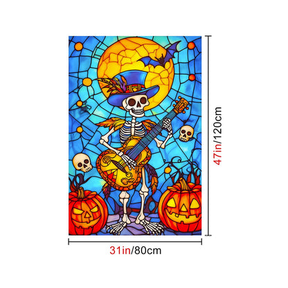 HOMETITUTE Halloween Skeleton Musician Window Film 31x47 Inch Decorative Window Film Pumpkin Guitar Skull Scene Stained Glass Cling for Mirror Door Privacy Decor for Home Party School Office