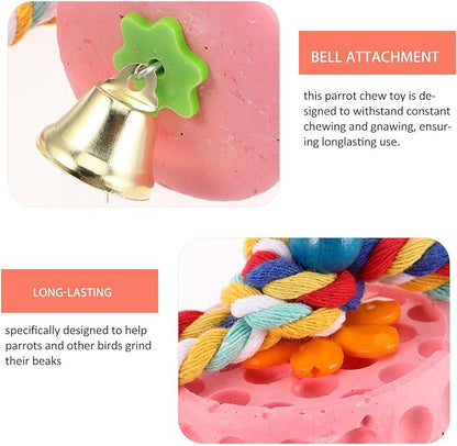 Bird Beak Grinding Stone with Bell for Parrots and Parakeets Natural Mineral Block Chew for Bird Beak Health Mental Stimulation and Cage Hanging Fun