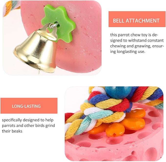 Toddmomy Parrot Mineral Block Chew with Bell for Birds Bird Beak Grinding Stone for African Grey Cockatiels Parakeets Cage Accessory for Beak Health and Interactive Play
