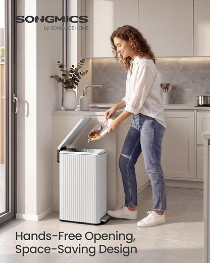 SONGMICS Trash Can, 13 Gallon (50 L) Slim Garbage Can for Kitchen, with Soft-Close Lid, Pedal, Removable Inner Bucket, Stainless Steel, 15 Trash Bags, Space-Saving, Cloud White ULTB350WZ01