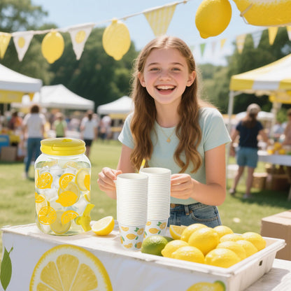 Lemon Plastic Drink Dispenser and 50 Pcs Lemon Paper Party Cups 1 Gallon Iced Beverage Dispenser Tea Jar with Spigot and Carrying Lid Clear Dispenser for Lemonade Stand Lemon Juice Tea Beer