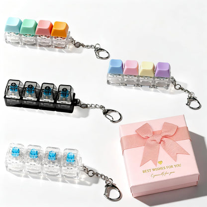 4-Pack Keyboard Fidget Toy,4-in-1 Clicky Stress Relief Fidget Keychain Set with 4 Unique Styles,Quiet Tactile Feedback Button Finger Clicker for Adults to Focus & Calm Anxiety Office Travel, Gift Box