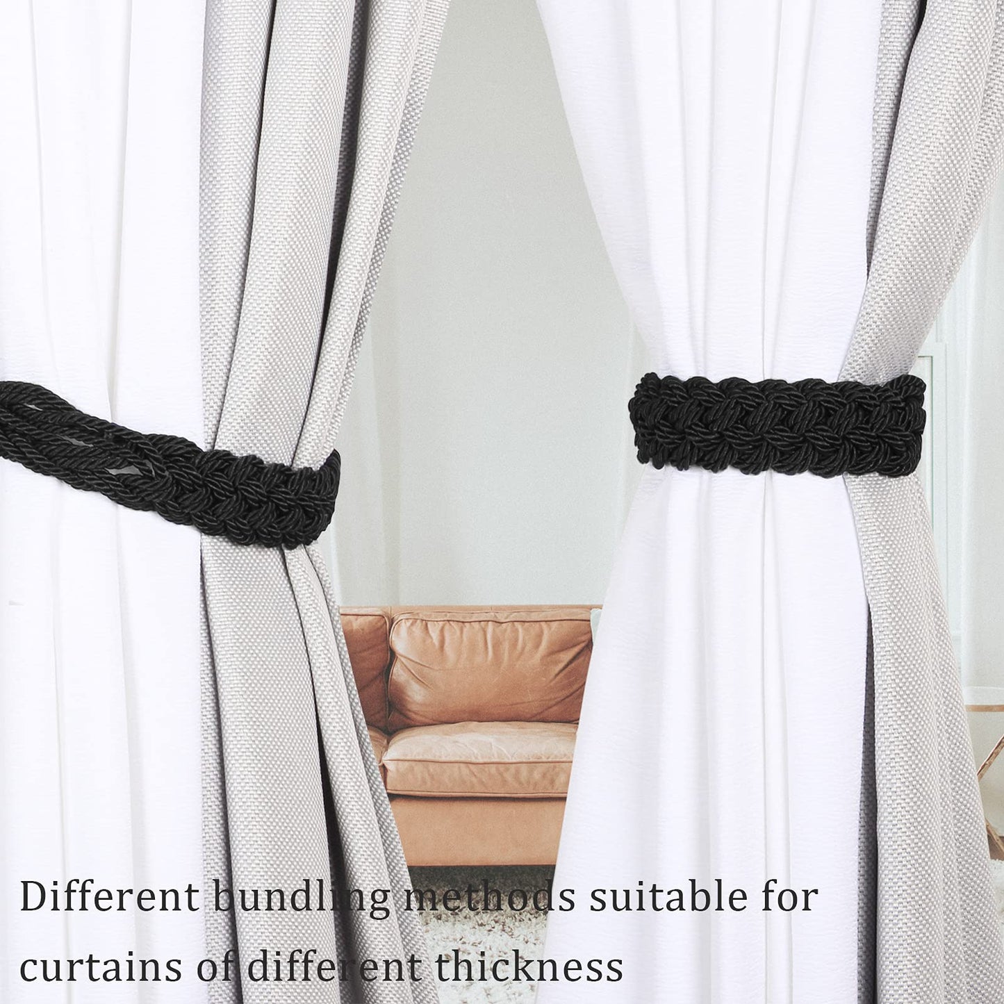 BEL AVENIR Curtain Tiebacks Ropes Hand-Woven Weave Braid Ties Handmade Home Office Decorative Holdbacks with 2 Metal Screw Hooks (Black)