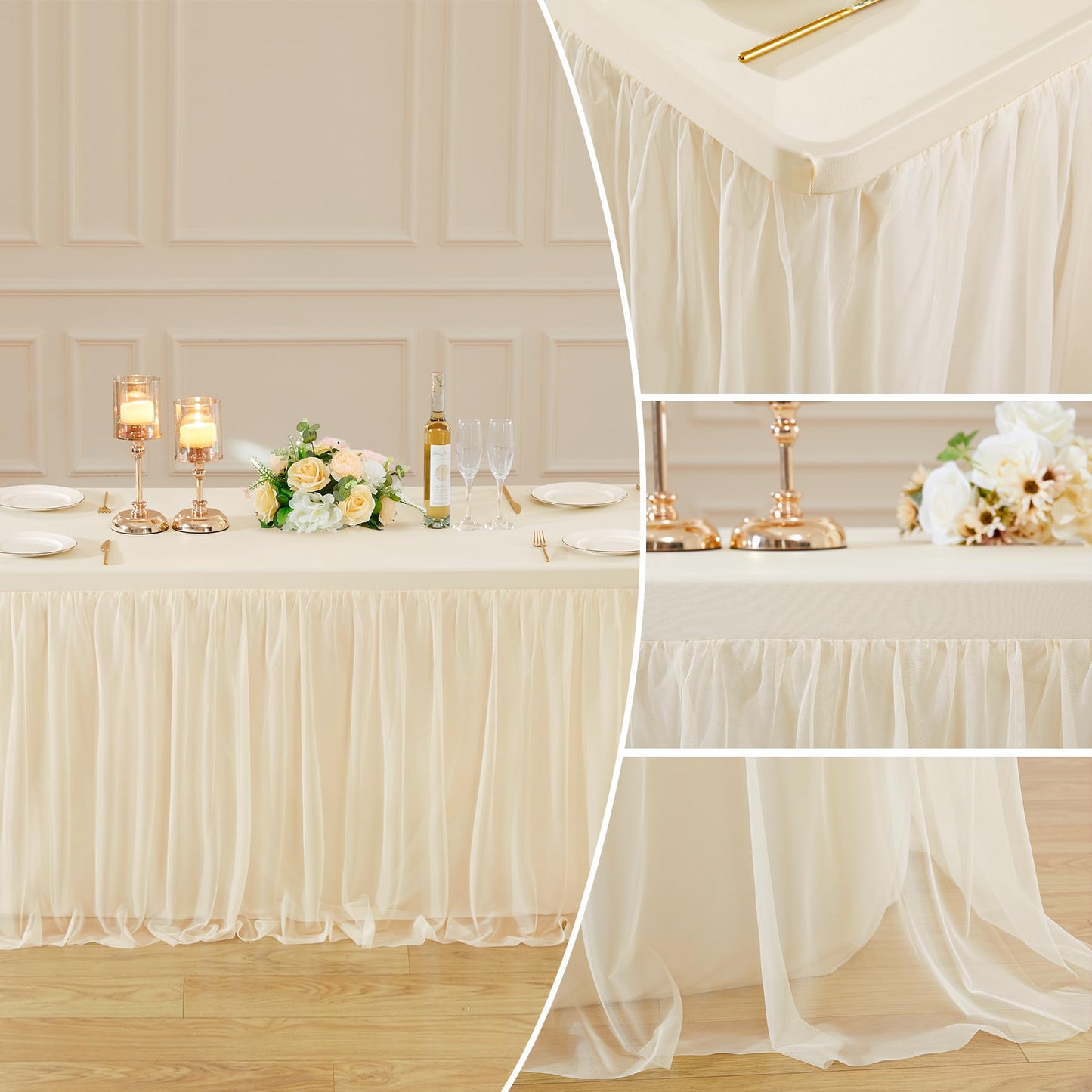 6ft Champagne Table Cloths Rectangle Tulle Tablecloth Fitted Champagne Tablecloths for 6 foot Rectangle Tables Spandex Table Covers for Parties Wedding Birthday Buffet Banquet Desk Tables Skirt