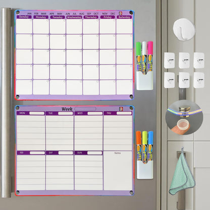 Purple Acrylic Fridge Calendar - Magnetic Calendar for Refrigerator 2 PCS | Calendars for Fridge with Removable Template - Magnetic to Do List for Refrigerator