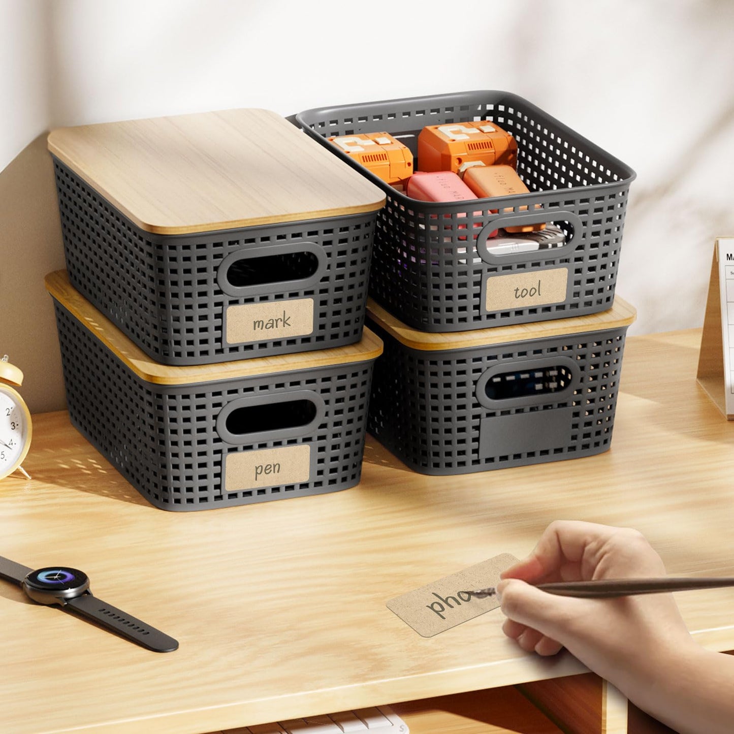 6Pcs Storage Bins with Lids, Stackable Plastic Storage Basket with Bamboo Lid, Pantry Organizer Box Small Containers for Organizing Shelves Drawer Desktop Closet Cabinet Office Classroom 10x7.1x4.1in