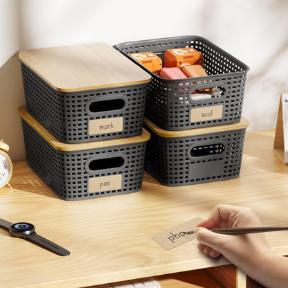 6Pcs Storage Bins with Lids, Stackable Plastic Storage Basket with Bamboo Lid, Pantry Organizer Box Small Containers for Organizing Shelves Drawer Desktop Closet Cabinet Office Classroom 10x7.1x4.1in