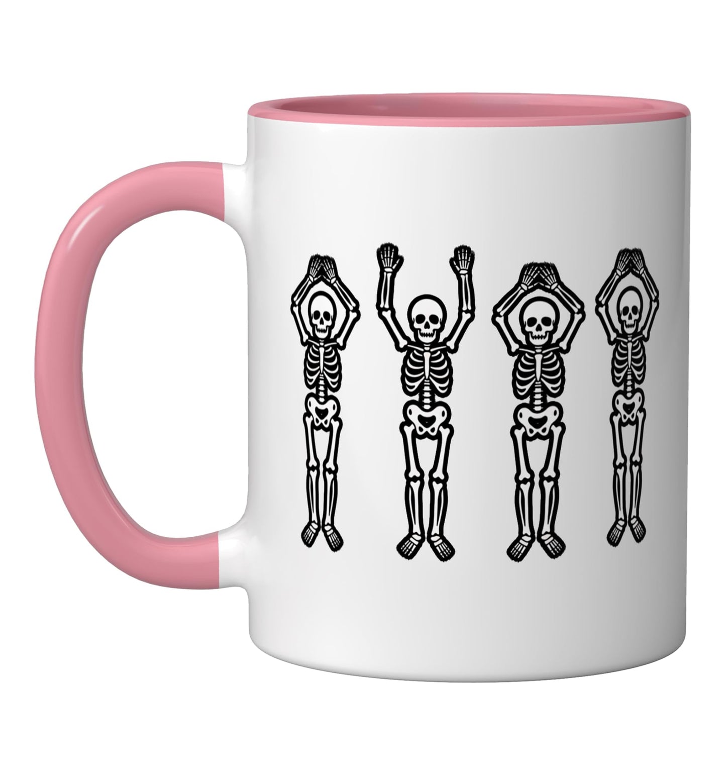 Halloween Dancing Skeletons Row - Funny Spooky Skeletons Ceramic Mug, Pink/White