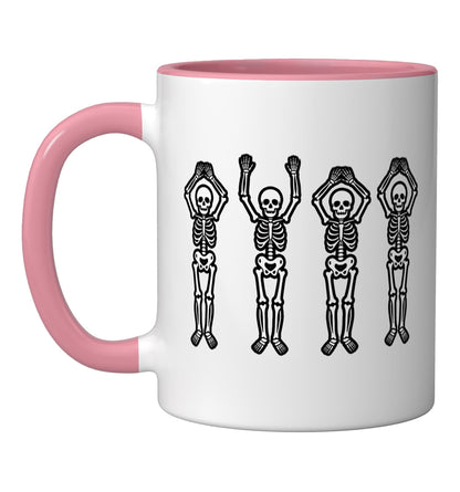 Halloween Dancing Skeletons Row - Funny Spooky Skeletons Ceramic Mug, Pink/White