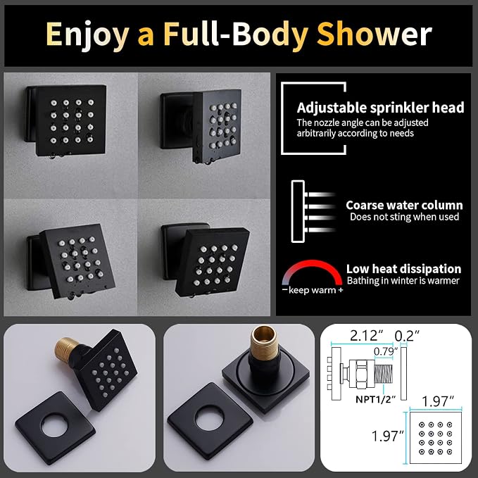 AYIVG Matte Black 4 Function Dual Shower Heads System Multi Functions Temperature Full Body Shower System 6pcs Jets 16 X 26 Inch And 8 inch Rainfall Shower Head Faucet Set