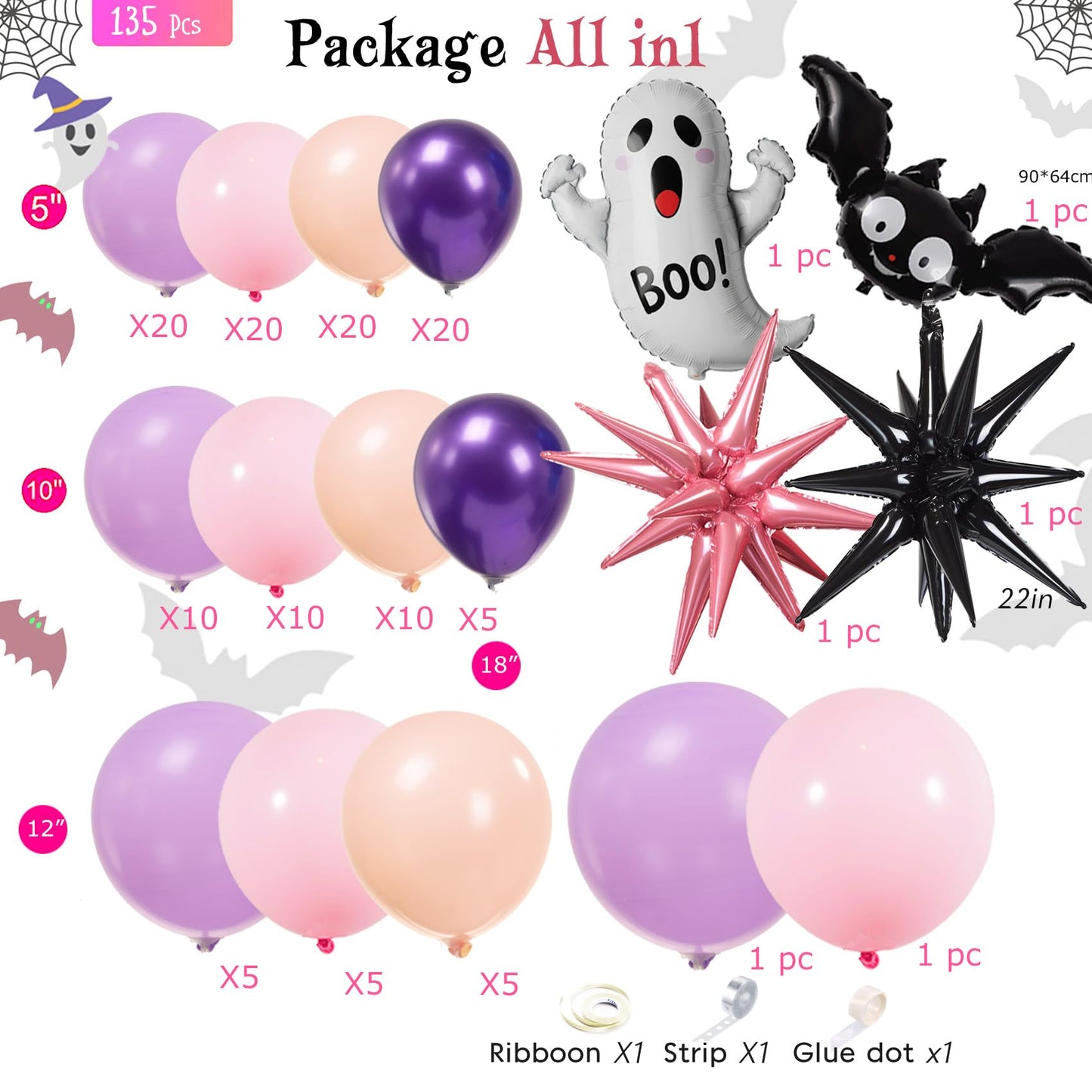 Pastel Halloween Birthday Balloon Garland arch Kit 130 Pcs Purple Pink Orange Balloons + Bat Ghost Mylar Balloons for Spooky Halloween Arch Booday Summerween birthday Party Decorations