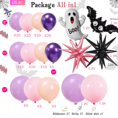 Pastel Halloween Birthday Balloon Garland arch Kit 130 Pcs Purple Pink Orange Balloons + Bat Ghost Mylar Balloons for Spooky Halloween Arch Booday Summerween birthday Party Decorations