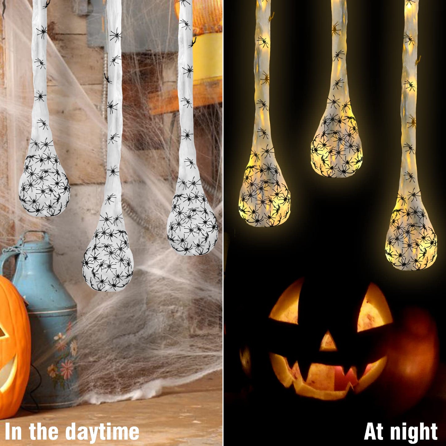 3pcs Halloween Hanging Decorations Spider Egg Sacs - 41 Inch Spider Egg Decoration with Led Lights for Yard Lawn Tree Halloween Party Decorations Indoor Outdoor