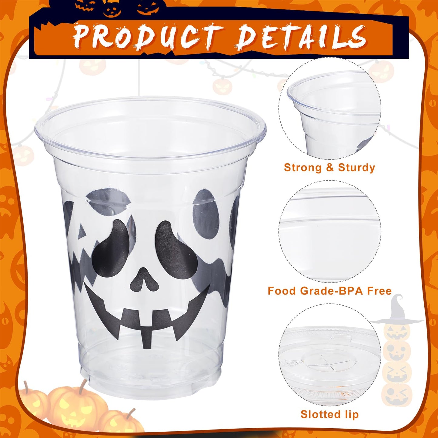 Suttmin 120 Sets Halloween Ghost Disposable Cups 12 oz Plastic Cups with Lids Disposable Drinkware with Paper Straws for Halloween Party Supplies Pirate Events Tableware Decorations Beverage Snacks