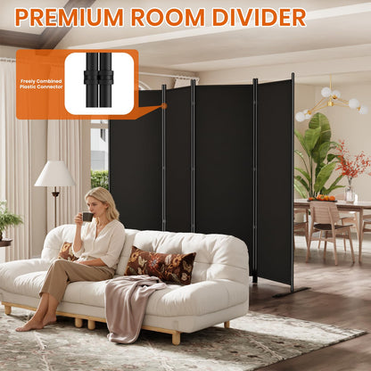 SUNALLY Room Divider 6FT Folding Privacy Screens, 4 Panel Fabric Divider for Room Separation, 88" W Freestanding Portable Wall Dividers Screen for Home Dorm Studio Office, Black