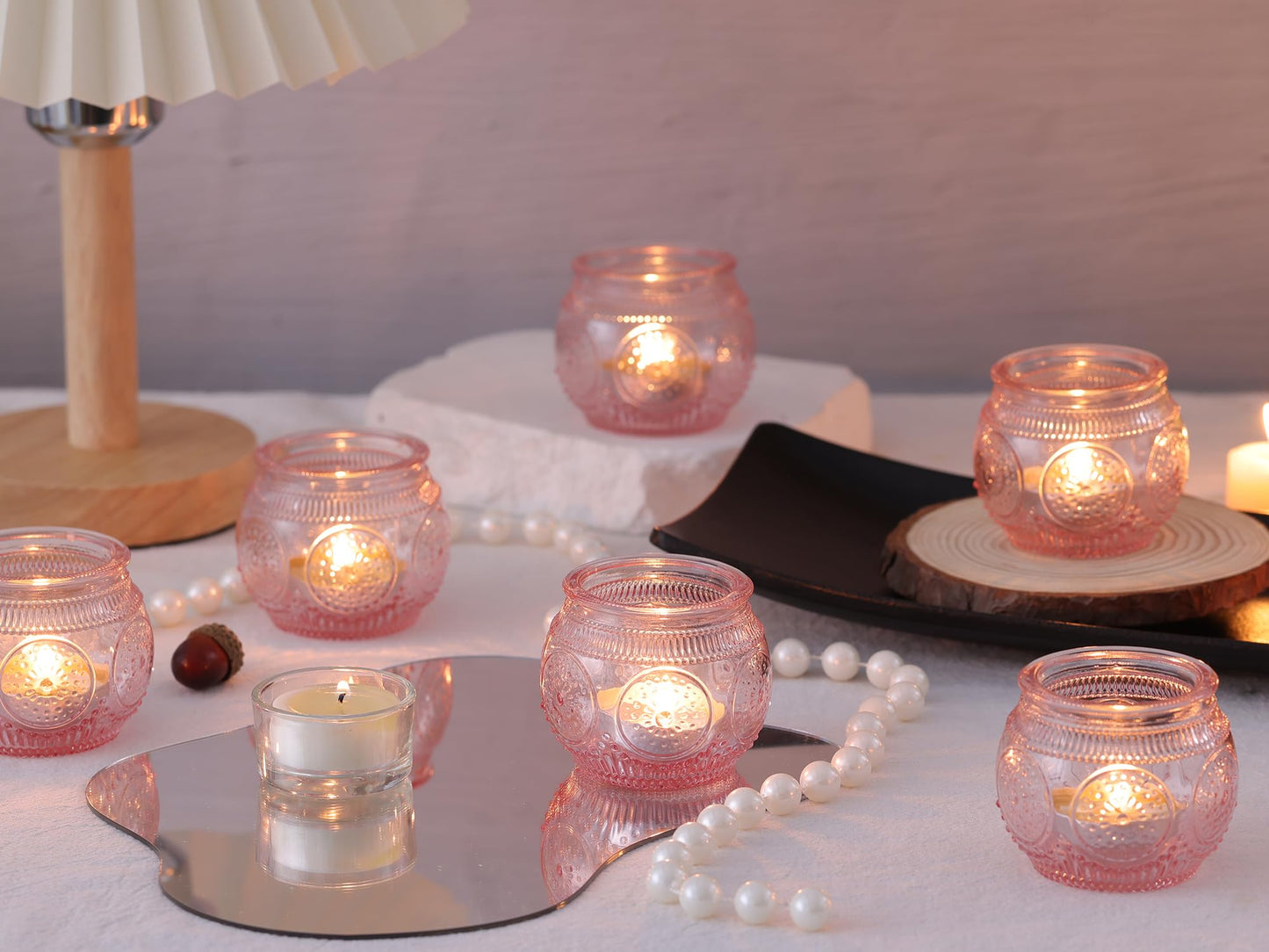 LAMORGIFT 24 Pcs Pink Candle Holder for Bridal Shower, Wedding Table Decorations- Floral Style Pink Votive Candle Holder, Centerpieces for Birthday, Engagement Party Decor