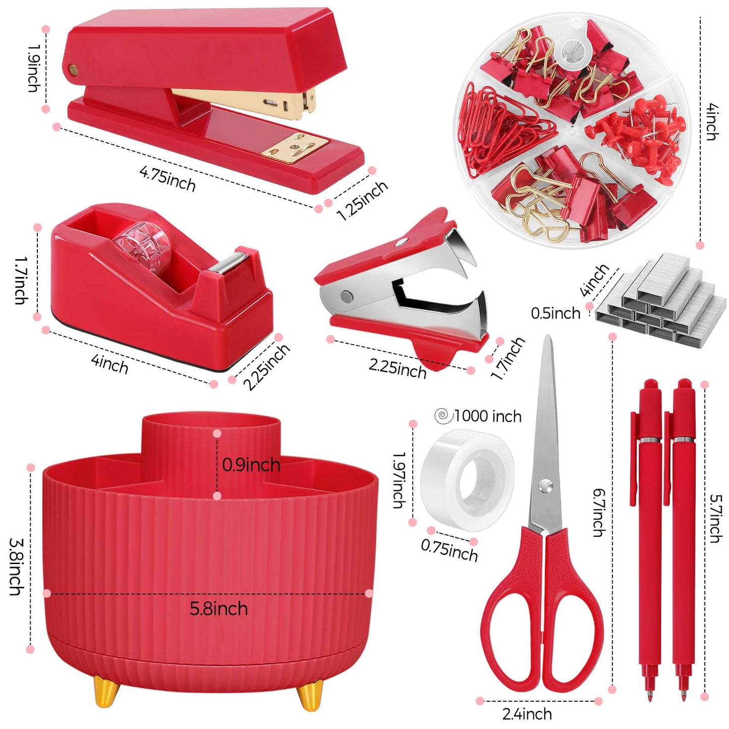 SKYDUE Red Office Supplies Set, Pencil Holder for Desk, Stapler, Tape Dispenser, Scissors,Clips and 1000pcs Staples, Office Decor for Women, Red Desk Accessories