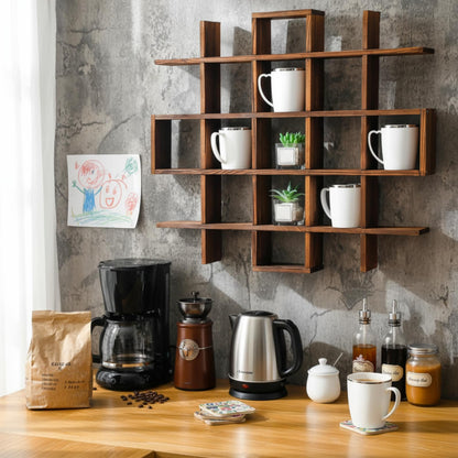 Suzile Oversize Coffee Mug Display Rack Wooden Display Shelves Rustic Wooden Floating Curio Shelf Travel Wall Mounted Coffee Mug Rack Holder Shadow Box Shelf(Grid Size 5.1x5.1x3in,Rustic Brown)