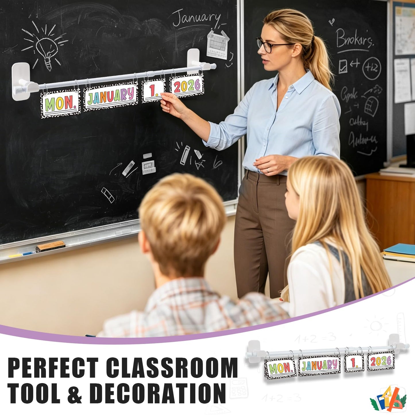 Upgraded 2-in-1 Flip Calendar for Classroom with Magnetic & Adhesive Fixing, Adjustable Magnetic Rod Flip Calendar for Whiteboard, Black and White Classroom Decor Bulletin Board Set (Speckled)