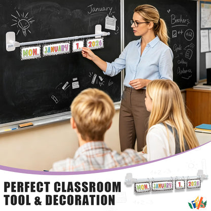 Upgraded 2-in-1 Flip Calendar for Classroom with Magnetic & Adhesive Fixing, Adjustable Magnetic Rod Flip Calendar for Whiteboard, Black and White Classroom Decor Bulletin Board Set (Speckled)