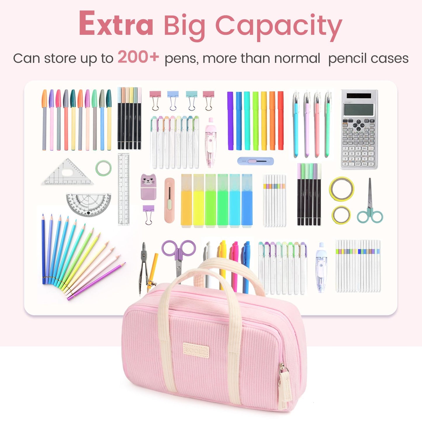 Sooez Large Pencil Case Pouch, Extra Big Pencil Bag with 5 Compartments, Pen Case Wide Opening, Soft Corduroy Pen Bag Organizer with Zipper, Cute Aesthetic School Supplies for Teen Girls, Pink
