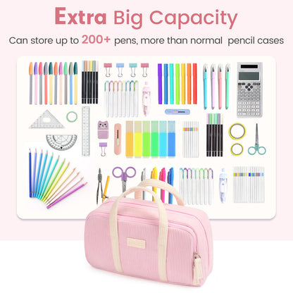 Sooez Large Pencil Case Pouch, Extra Big Pencil Bag with 5 Compartments, Pen Case Wide Opening, Soft Corduroy Pen Bag Organizer with Zipper, Cute Aesthetic School Supplies for Teen Girls, Pink
