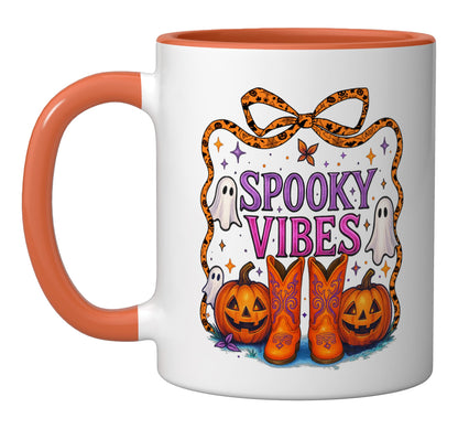 Halloween Western Spooky Vibes Cowboy Cowgirl Ghost Pumpkin Ceramic Mug, Orange/White