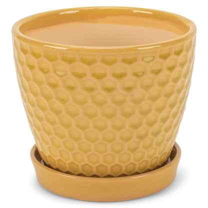 Napco Honeycomb Yellow 4.75 Inch Ceramic Flower Pot Planter with Saucer