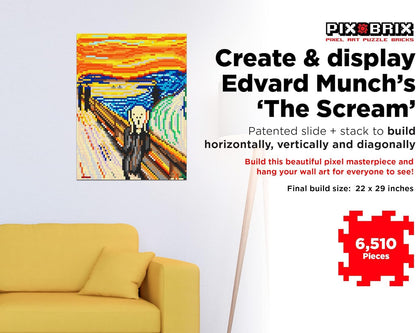 Pix Brix Pixel Art Puzzle Bricks - Pixel Puzzle of The Scream by Edvard Munch, 6,510 Pieces - Patented Colorful Slide + Stack Building Bricks to Recreate This Famous Painting, Builds Without Glue