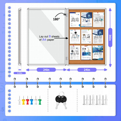 Magula 36"x24" Enclosed Bulletin Board Tamper-Proof Dispaly Case, Aluminium Frame, Shatter Resistant Lockable Bulletin Board, Enclosed Cork Board for School, Office, Commercial, Hospital etc
