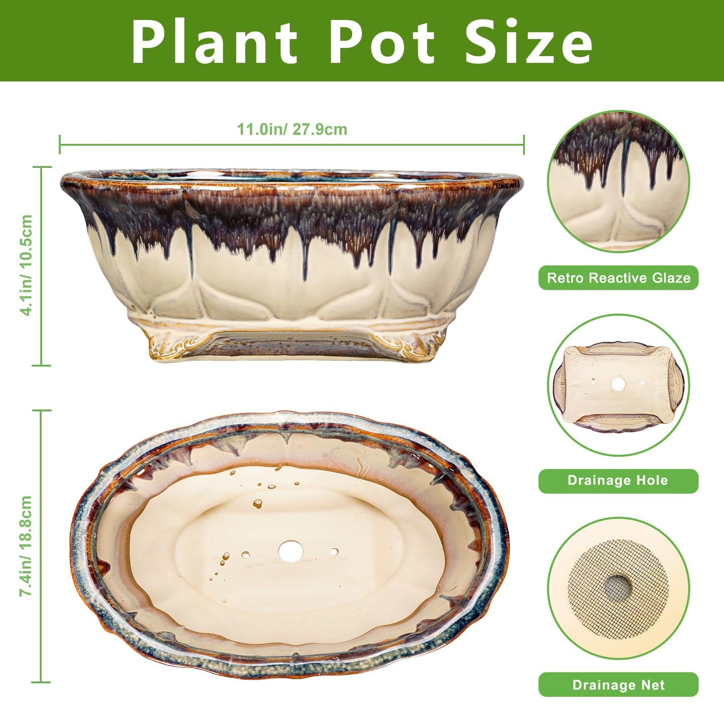 Teagas Ceramic Bonsai Tree Pots - 11 Inch Succulent Pots with Drainage Hole, Decorative Bonsai Pot for Indoor Outdoor Plants, Succulent Planters, Front Porch Decor, Gardening Gifts, Oval Beige-Brown