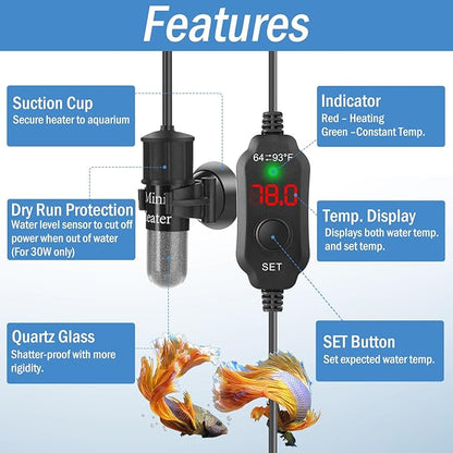 Super Mini Aquarium Heater 10W Betta Heater for 1-2 Gallon Tanks, Small Fish Tank Heater Turtle Heater with Dry-Run/Overheat Protection, Memory Function