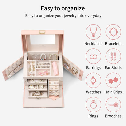 VLANDO Jewelry Box Organizer for Girls Women, Large Baroque Jewelry Holder Organizer with Mirror, 3 Drawers for Bracelets, Earrings, Rings, Necklaces, Mothers Day for Loved One, Pink