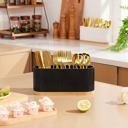 HouseJoy Countertop Silverware Holder, Silverware Caddy Organizer Holder for Forks, Spoons, Knives, Cutlery Caddy with 3 Compartments, Kitchen Utensil Holder for Party, Countertop, Black